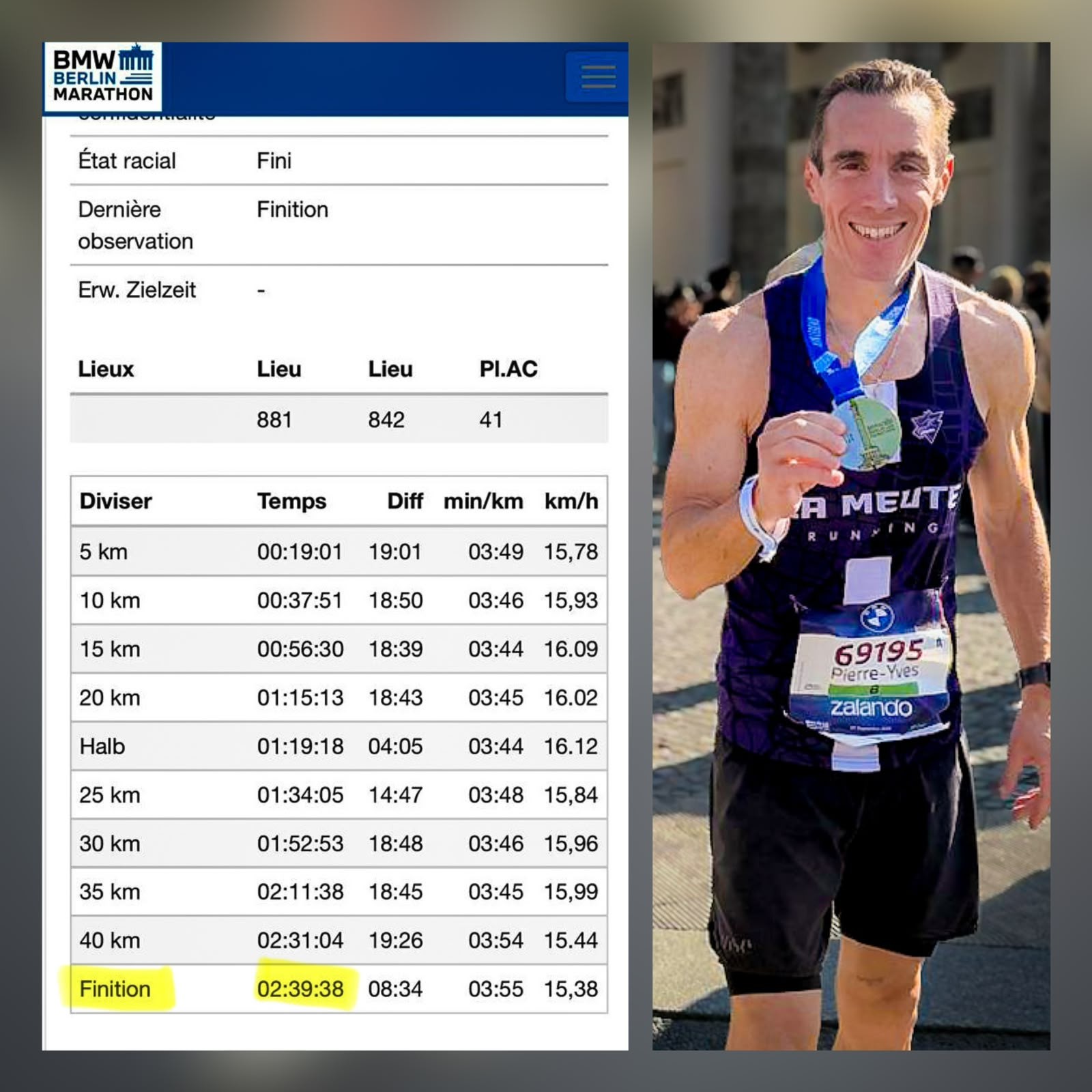 Pierre-Yves Martin après le BMW Berlin Marathon, avec son résultat de course
